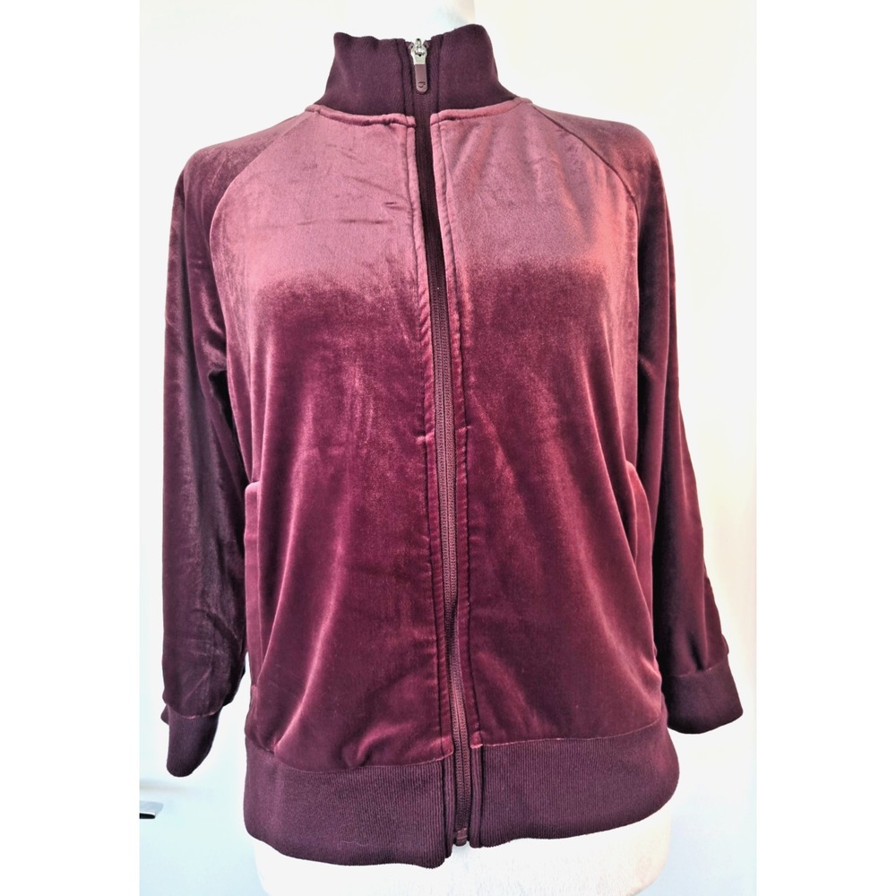 Gapfit‎ Burgundy Velour 3/4 Sleeves Bomber Striped Cropped Full Zip Y2K Preppy